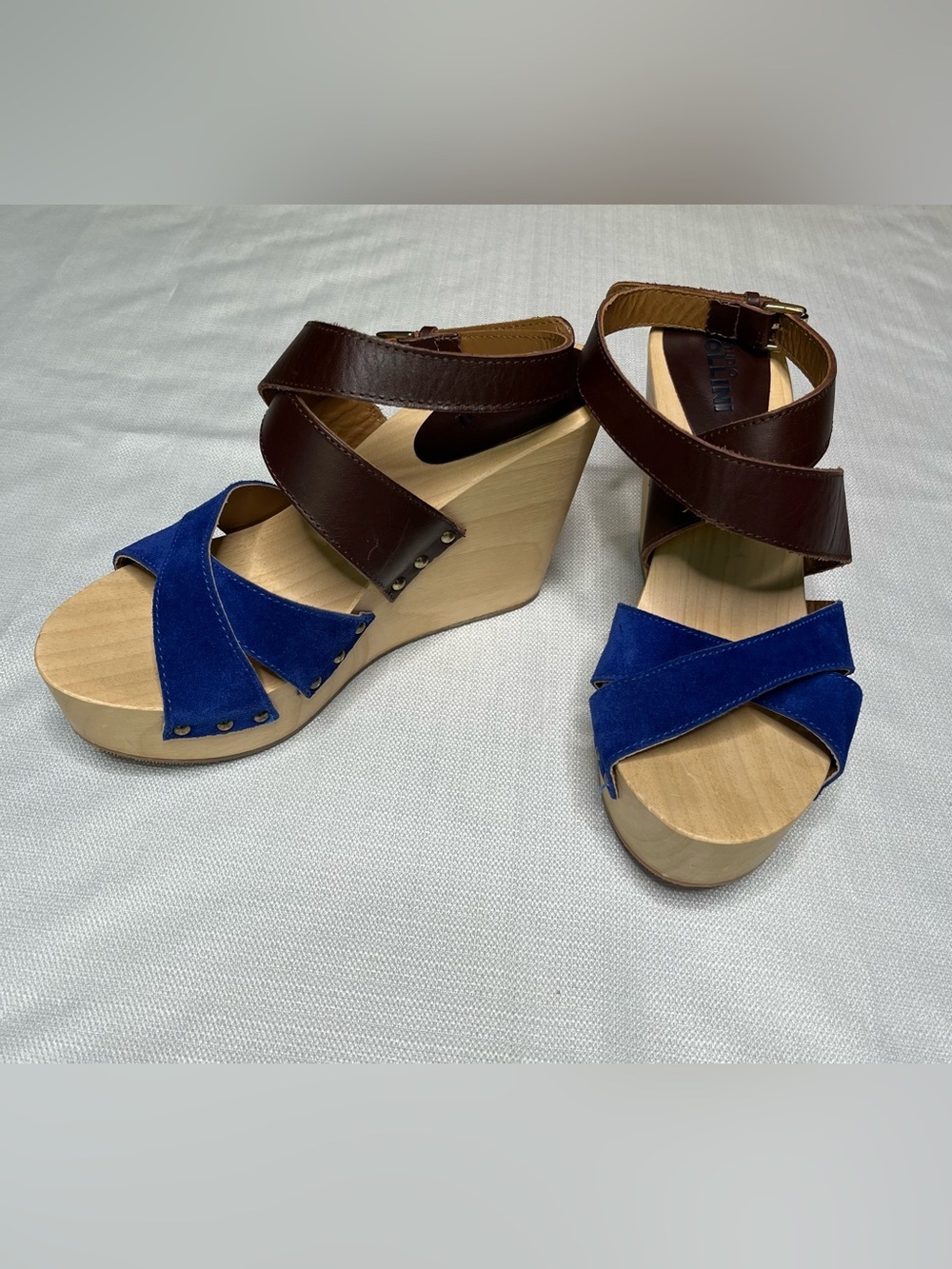 Studio Pollini Wooden Platform Wedge Sandals Cobalt Blue Suede Boho 70s Elevated